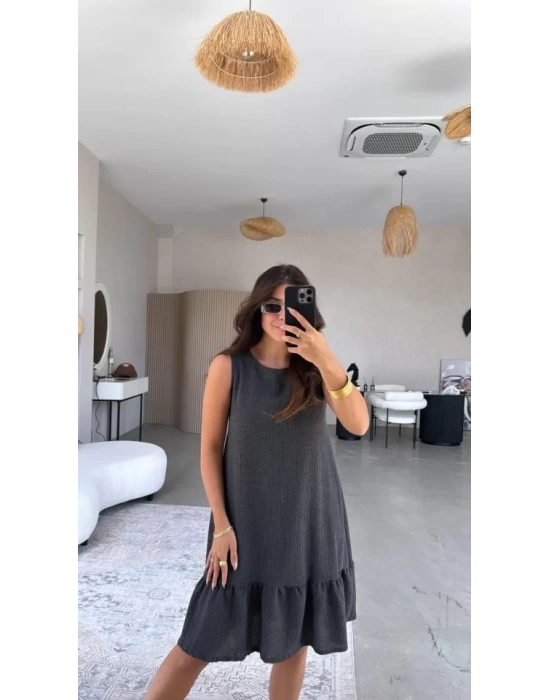Kadın Bisiklet Yaka Eteği Volanlı Bürümcük Elbise