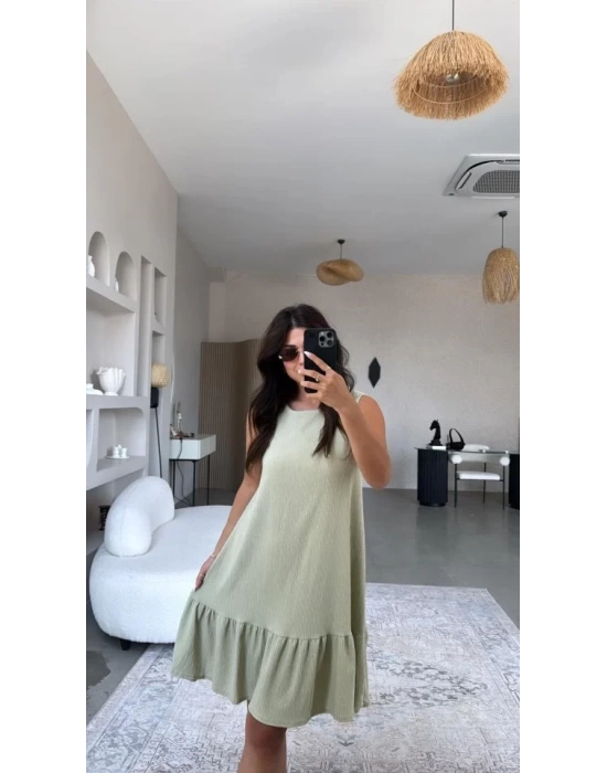 Kadın Bisiklet Yaka Eteği Volanlı Bürümcük Elbise