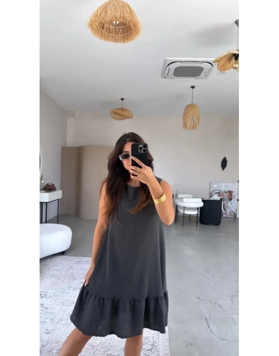 Kadın Bisiklet Yaka Eteği Volanlı Bürümcük Elbise