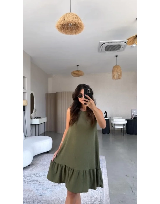 Kadın Bisiklet Yaka Eteği Volanlı Bürümcük Elbise