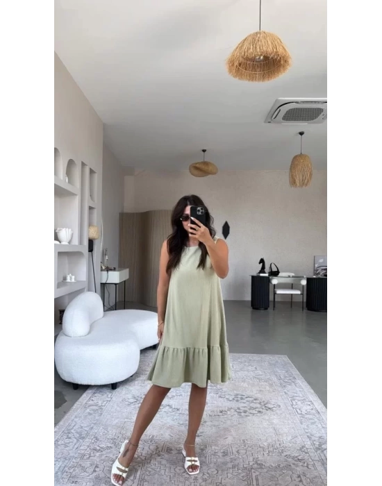 Kadın Bisiklet Yaka Eteği Volanlı Bürümcük Elbise