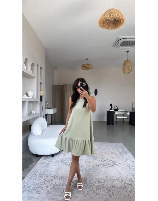 Kadın Bisiklet Yaka Eteği Volanlı Bürümcük Elbise