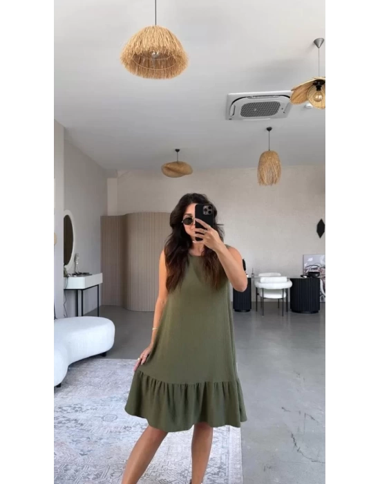 Kadın Bisiklet Yaka Eteği Volanlı Bürümcük Elbise