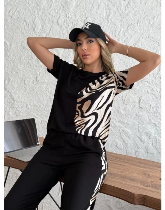 Kadın Bisiklet Yaka Kısa Kol Leopar Desen Bluz Ve Pantolon Ikili Takım
