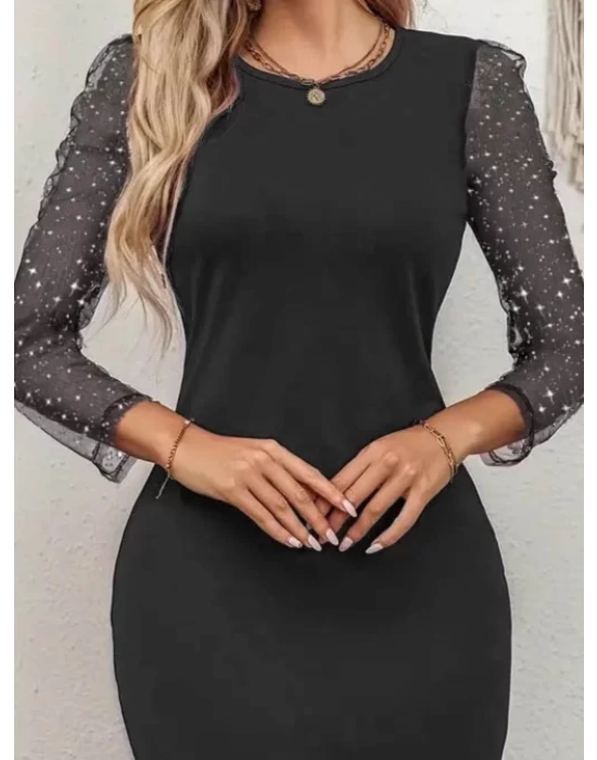 Kadın Bisiklet Yaka Kol Tül Detay Dalgıç Mini Boy Elbise
