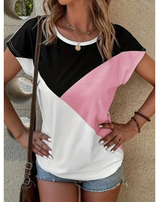 Kadın Bisiklet Yaka üç Renk Viskon T-shirt