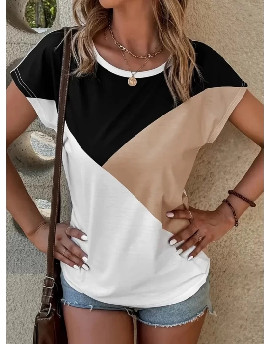 Kadın Bisiklet Yaka üç Renk Viskon T-shirt