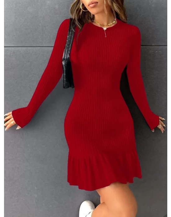 Kadın Bisiklet Yaka Uzun Kol Etek Ucu Fırfırlı Triko Mini Boy Elbise
