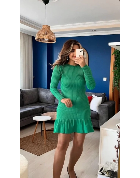 Kadın Bisiklet Yaka Uzun Kol Etek Ucu Fırfırlı Triko (polyenit) Mini Boy Elbise