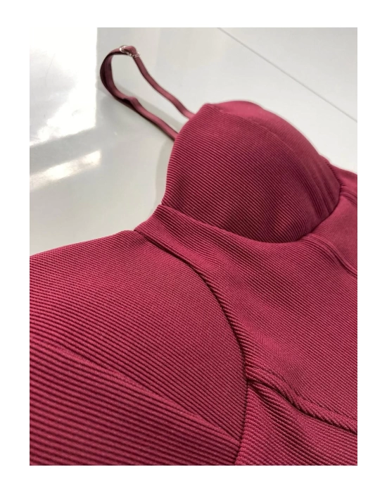 Bysoca Kadın Bordo Balenli Kaşkorse İp Askılı Büstiyer Crop