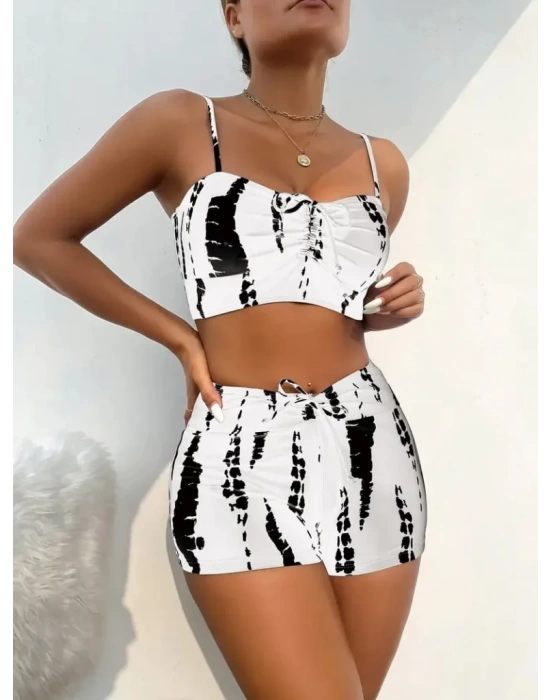 Kadın Büzgü Detay Askılı Crop Mini Tayt Ikili Takım