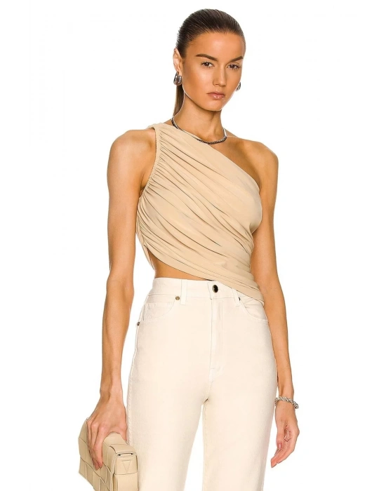 bysoca Kadın Bej Büzgülü Tek Omuz Asimetrik Kesim Jarse Crop Top Büstiyer