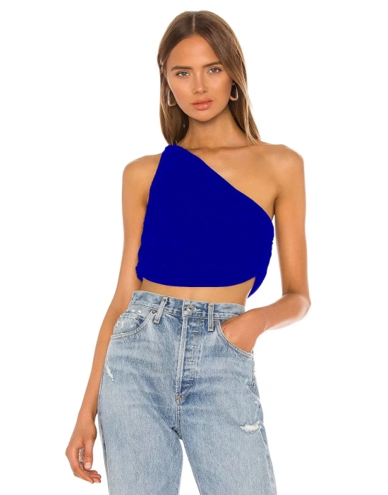 bysoca Kadın Saks Mavisi Büzgülü Tek Omuz Asimetrik Kesim Jarse Crop Top Büstiyer