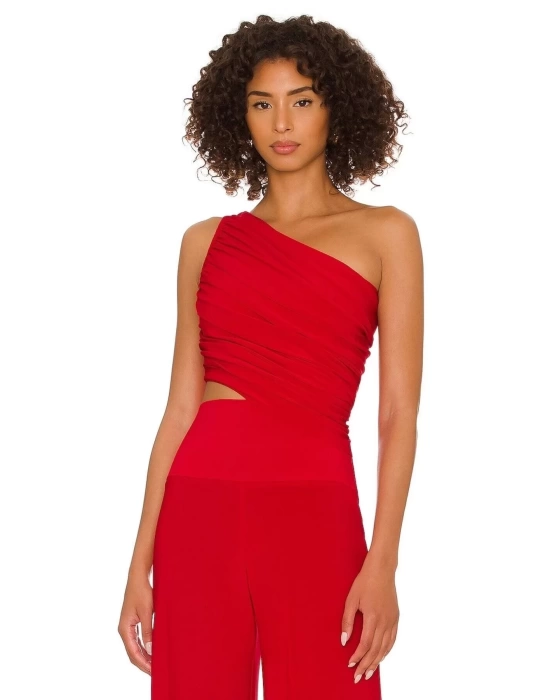 bysoca Kadın Kırmızı Büzgülü Tek Omuz Asimetrik Kesim Jarse Crop Top Büstiyer