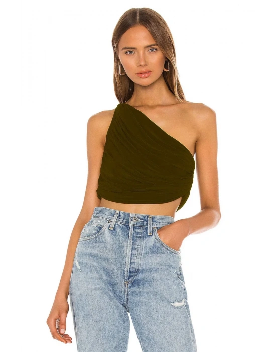 bysoca Kadın Kahverengi Büzgülü Tek Omuz Asimetrik Kesim Jarse Crop Top Büstiyer