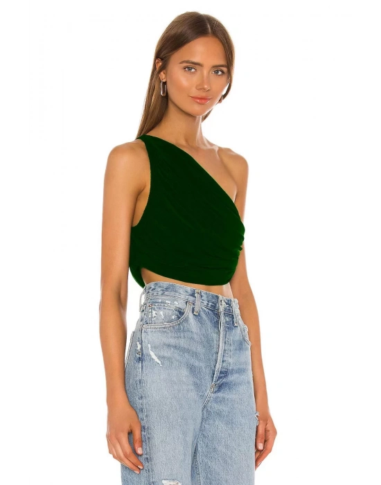 bysoca Kadın Zümrüt Yeşili Büzgülü Tek Omuz Asimetrik Kesim Jarse Crop Top Büstiyer