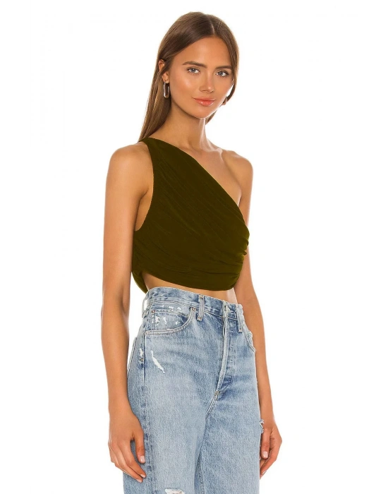 bysoca Kadın Kahverengi Büzgülü Tek Omuz Asimetrik Kesim Jarse Crop Top Büstiyer