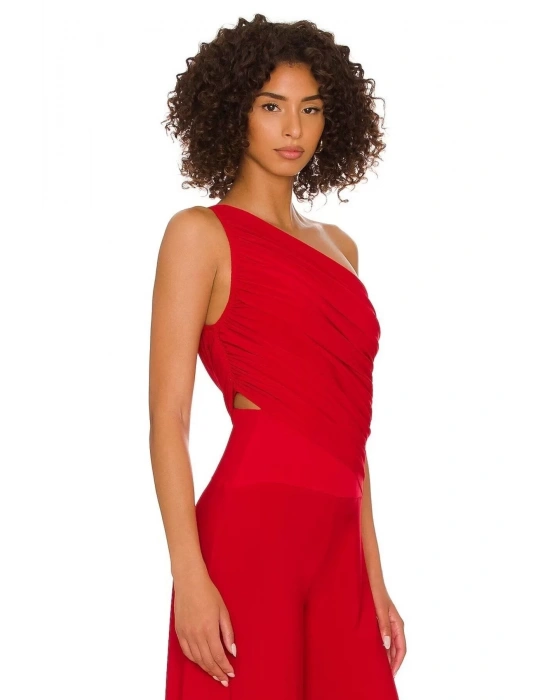 bysoca Kadın Kırmızı Büzgülü Tek Omuz Asimetrik Kesim Jarse Crop Top Büstiyer