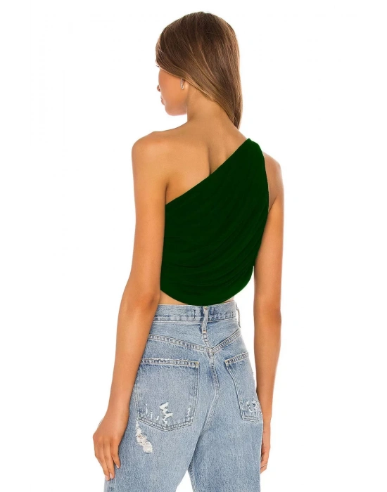 bysoca Kadın Zümrüt Yeşili Büzgülü Tek Omuz Asimetrik Kesim Jarse Crop Top Büstiyer