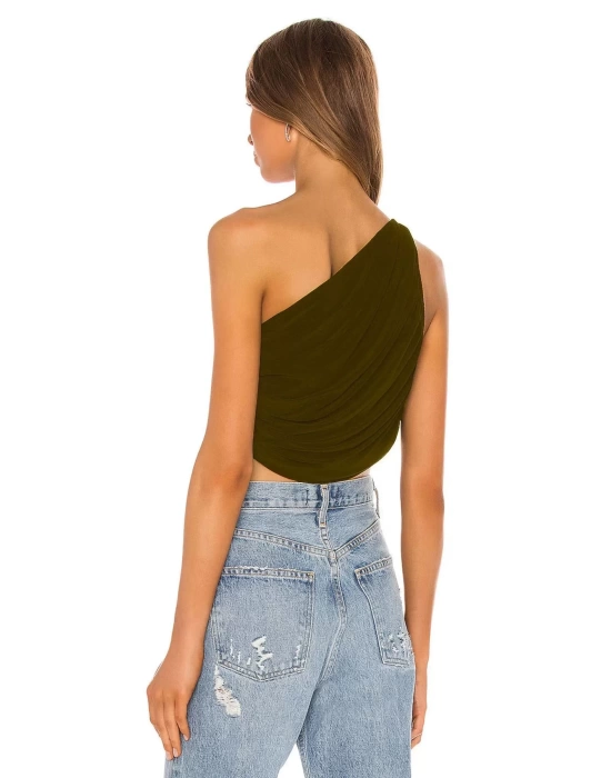 bysoca Kadın Kahverengi Büzgülü Tek Omuz Asimetrik Kesim Jarse Crop Top Büstiyer