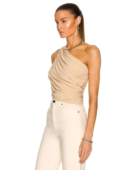 bysoca Kadın Bej Büzgülü Tek Omuz Asimetrik Kesim Jarse Crop Top Büstiyer