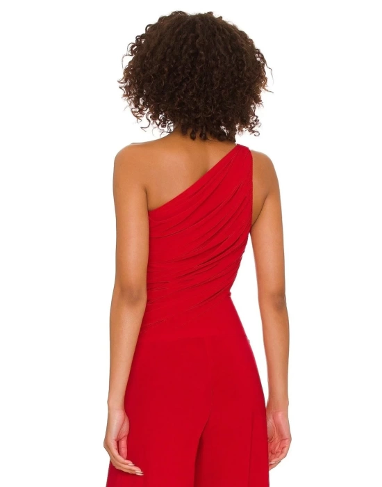 bysoca Kadın Kırmızı Büzgülü Tek Omuz Asimetrik Kesim Jarse Crop Top Büstiyer