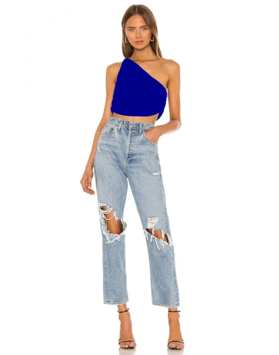 bysoca Kadın Saks Mavisi Büzgülü Tek Omuz Asimetrik Kesim Jarse Crop Top Büstiyer