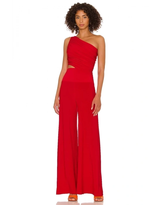 bysoca Kadın Kırmızı Büzgülü Tek Omuz Asimetrik Kesim Jarse Crop Top Büstiyer