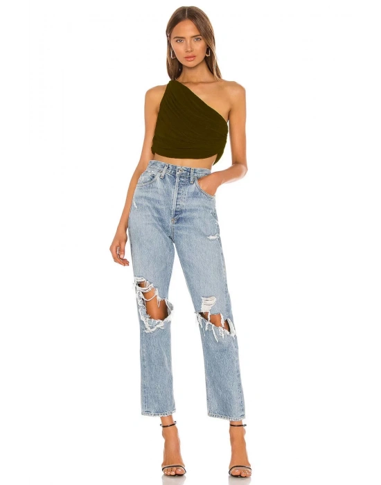 bysoca Kadın Kahverengi Büzgülü Tek Omuz Asimetrik Kesim Jarse Crop Top Büstiyer