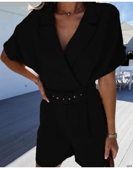 Kadın Ceket Yaka Pileli Kemer Dahil şort Tulum