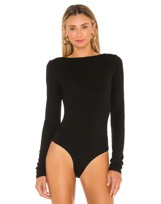 bysoca Kadın Siyah Çift Taraflı Giyilebilir Kayık ve Kare Yaka Uzun Kollu İpek Jarse Bodysuit