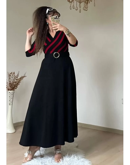 Kadın çizgi Detay Kruvaze Yaka Maxi Boy Triko Elbise