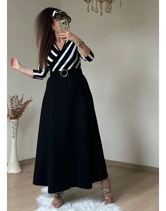 Kadın çizgi Detay Kruvaze Yaka Maxi Boy Triko Elbise