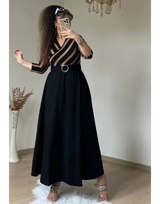 Kadın çizgi Detay Kruvaze Yaka Maxi Boy Triko Elbise