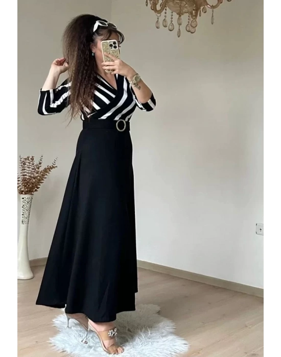Kadın çizgi Detay Kruvaze Yaka Maxi Boy Triko Elbise