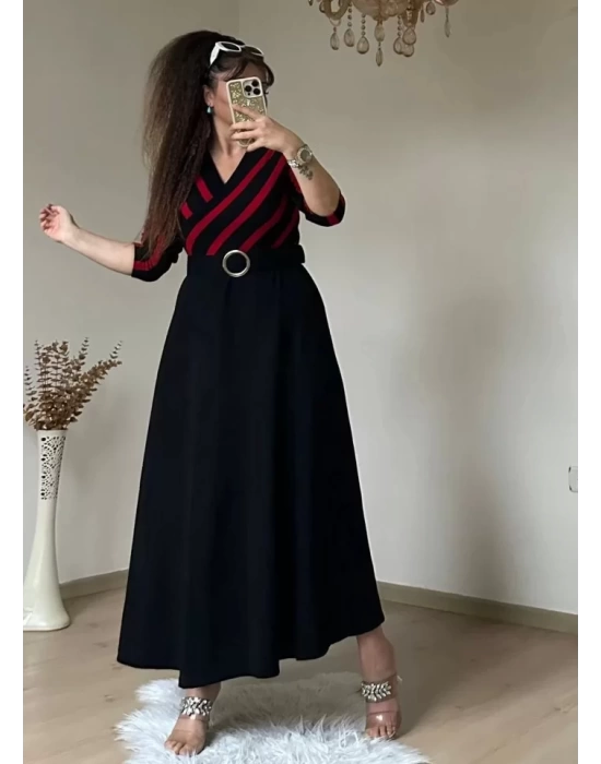 Kadın çizgi Detay Kruvaze Yaka Maxi Boy Triko Elbise