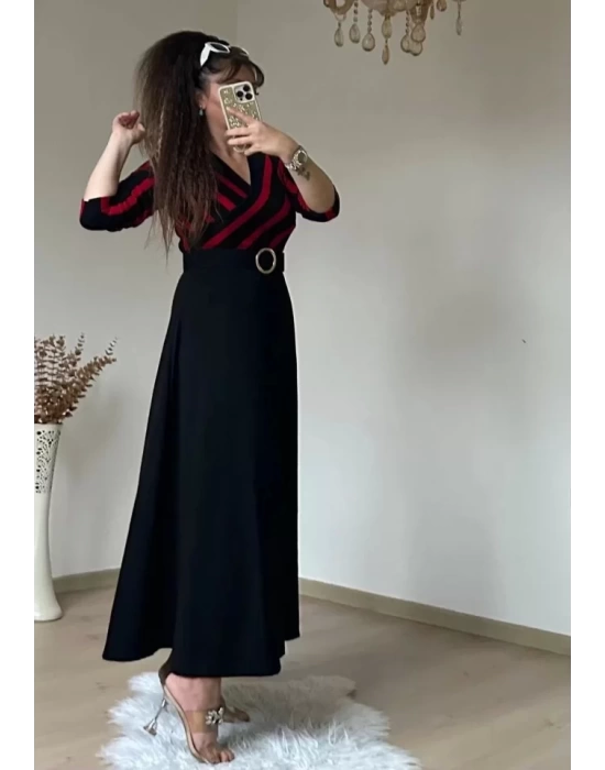 Kadın çizgi Detay Kruvaze Yaka Maxi Boy Triko Elbise