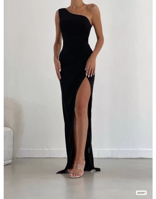 Kadın Dalgıç Krep Kumaş Tek Omuz Yırtmaç Detaylı Maxi Boy Elbise