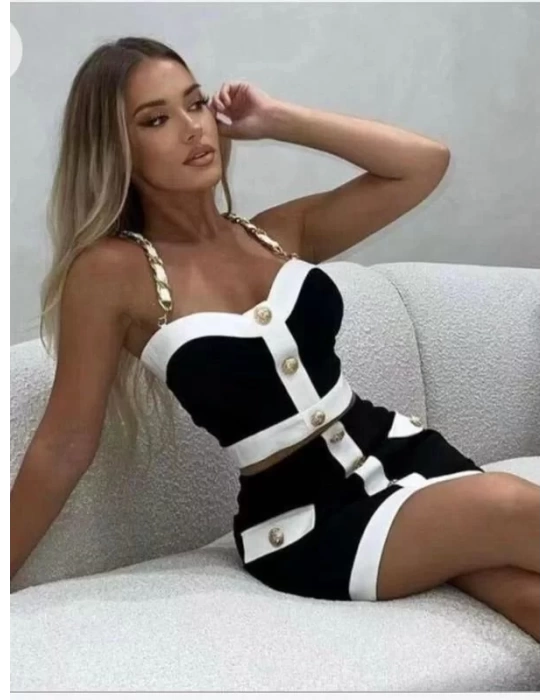 Kadın Dalgıç Kumaş Düğme Ve Zincir Detaylı Ikili Takım