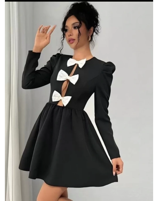 Kadın Dalgıç Kumaş Fiyonk Detaylı Uzun Kollu Mini Boy Elbise