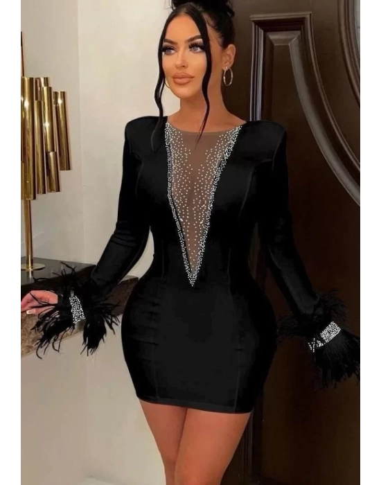 Kadın Dalgıç Kumaş Tül Ve Taş Aksesuarlı Kolları Tüylü Mini Boy Elbise