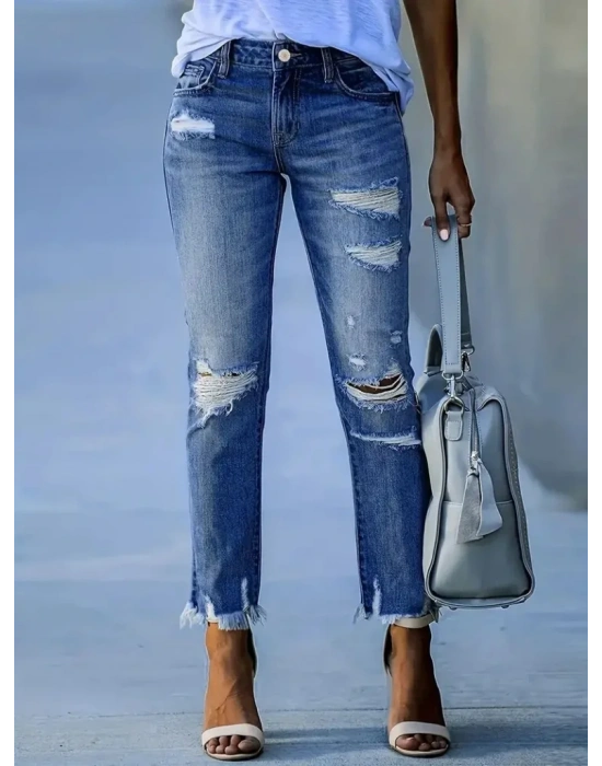 bysoca Kadın Yüksek Bel Yırtık Detaylı Paçası Püsküllü Dar Kesim Cepli Denim Jean Pantolon - Mavi