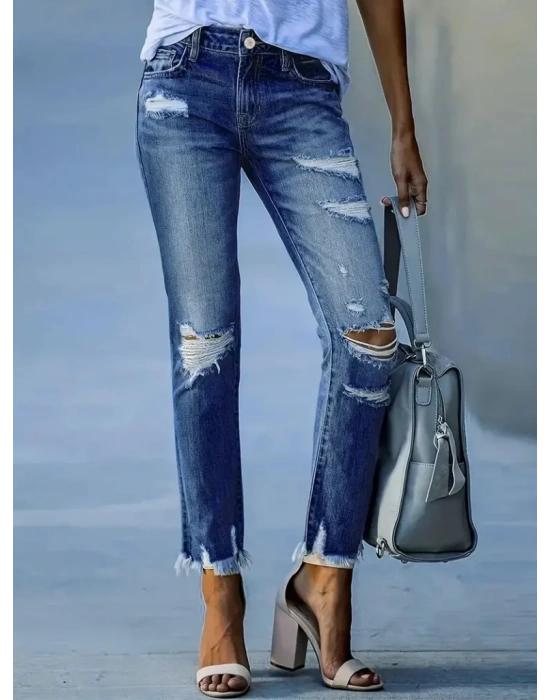 bysoca Kadın Yüksek Bel Yırtık Detaylı Paçası Püsküllü Dar Kesim Cepli Denim Jean Pantolon - Mavi