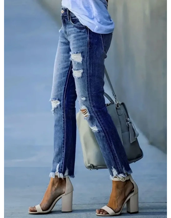 bysoca Kadın Yüksek Bel Yırtık Detaylı Paçası Püsküllü Dar Kesim Cepli Denim Jean Pantolon - Mavi