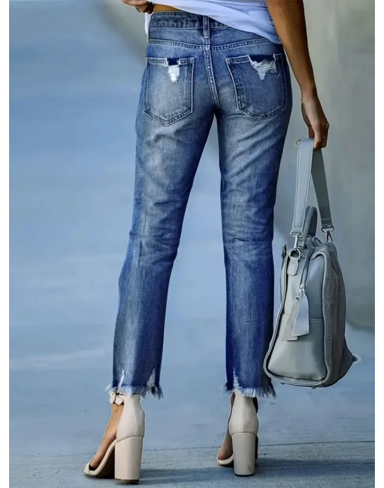 bysoca Kadın Yüksek Bel Yırtık Detaylı Paçası Püsküllü Dar Kesim Cepli Denim Jean Pantolon - Mavi