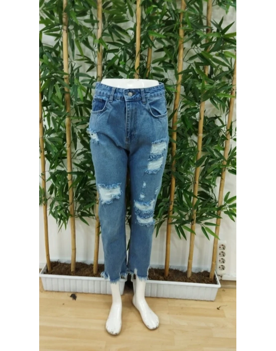bysoca Kadın Yüksek Bel Yırtık Detaylı Paçası Püsküllü Dar Kesim Cepli Denim Jean Pantolon - Mavi