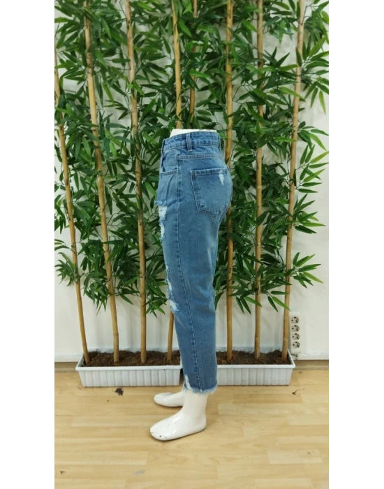 bysoca Kadın Yüksek Bel Yırtık Detaylı Paçası Püsküllü Dar Kesim Cepli Denim Jean Pantolon - Mavi