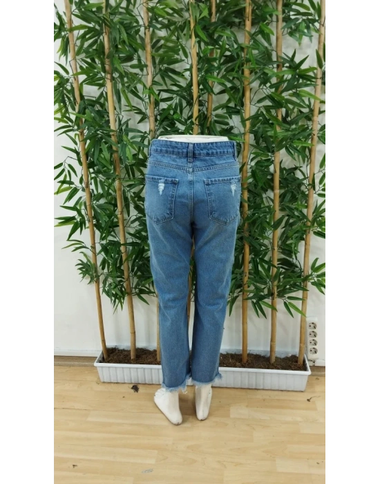 bysoca Kadın Yüksek Bel Yırtık Detaylı Paçası Püsküllü Dar Kesim Cepli Denim Jean Pantolon - Mavi