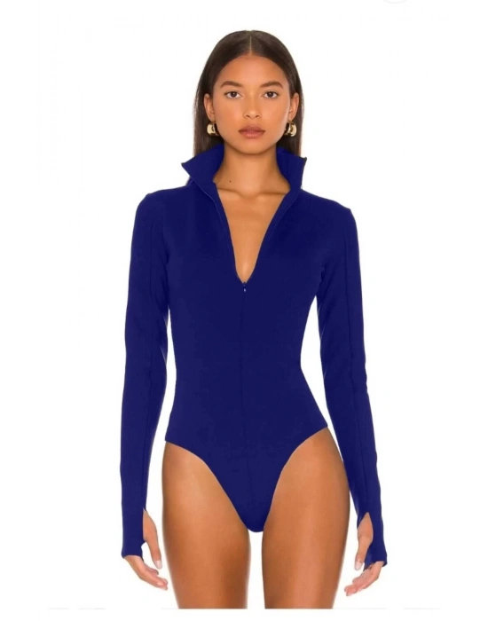 bysoca Kadın Mavi Fermuarlı Gömlek Yaka Uzun Kol Parmak Geçmeli Çift Kat Sandy Kumaş Tanga Bodysuit