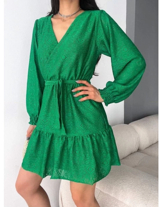 Kadın Fırsat ürünü Kruvaze Yaka Güpürlü Mini Elbise